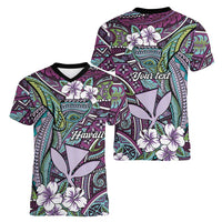 Personalised Hawaii Tribal Humpback Whale Women V-Neck T-Shirt Poni Hibiscus Seamless Pattern LT9 - Polynesian Pride
