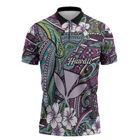 Personalised Hawaii Tribal Humpback Whale Zipper Polo Shirt Poni Hibiscus Seamless Pattern LT9 Purple - Polynesian Pride