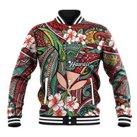 Personalised Hawaii Tribal Humpback Whale Baseball Jacket Ulaula Hibiscus Seamless Pattern LT9 Unisex Red - Polynesian Pride