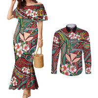 Personalised Hawaii Tribal Humpback Whale Couples Matching Mermaid Dress and Long Sleeve Button Shirt Ulaula Hibiscus Seamless Pattern