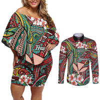 Personalised Hawaii Tribal Humpback Whale Couples Matching Off Shoulder Short Dress and Long Sleeve Button Shirt Ulaula Hibiscus Seamless Pattern LT9 Red - Polynesian Pride