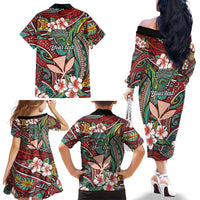 Personalised Hawaii Tribal Humpback Whale Family Matching Off The Shoulder Long Sleeve Dress and Hawaiian Shirt Ulaula Hibiscus Seamless Pattern