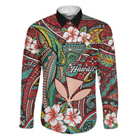 Personalised Hawaii Tribal Humpback Whale Family Matching Off The Shoulder Long Sleeve Dress and Hawaiian Shirt Ulaula Hibiscus Seamless Pattern