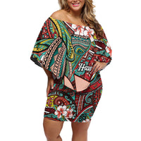 Personalised Hawaii Tribal Humpback Whale Family Matching Off Shoulder Short Dress and Hawaiian Shirt Ulaula Hibiscus Seamless Pattern