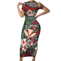 Personalised Hawaii Tribal Humpback Whale Family Matching Short Sleeve Bodycon Dress and Hawaiian Shirt Ulaula Hibiscus Seamless Pattern