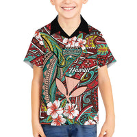 Personalised Hawaii Tribal Humpback Whale Family Matching Short Sleeve Bodycon Dress and Hawaiian Shirt Ulaula Hibiscus Seamless Pattern
