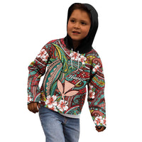 Personalised Hawaii Tribal Humpback Whale Kid Hoodie Ulaula Hibiscus Seamless Pattern LT9 - Polynesian Pride