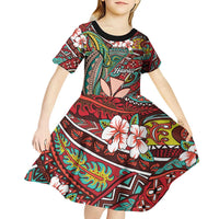 Personalised Hawaii Tribal Humpback Whale Kid Short Sleeve Dress Ulaula Hibiscus Seamless Pattern LT9 - Polynesian Pride