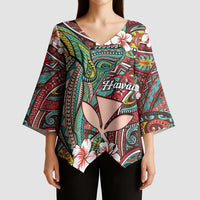 Personalised Hawaii Tribal Humpback Whale Kimono Sleeve Blouse Ulaula Hibiscus Seamless Pattern LT9 - Polynesian Pride