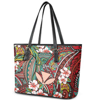 Personalised Hawaii Tribal Humpback Whale Leather Tote Bag Ulaula Hibiscus Seamless Pattern LT9 - Polynesian Pride