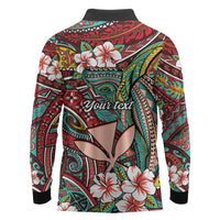 Personalised Hawaii Tribal Humpback Whale Long Sleeve Polo Shirt Ulaula Hibiscus Seamless Pattern LT9 - Polynesian Pride