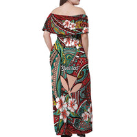 Personalised Hawaii Tribal Humpback Whale Off Shoulder Maxi Dress Ulaula Hibiscus Seamless Pattern LT9 - Polynesian Pride