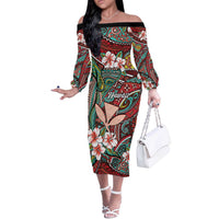 Personalised Hawaii Tribal Humpback Whale Off The Shoulder Long Sleeve Dress Ulaula Hibiscus Seamless Pattern LT9 Women Red - Polynesian Pride
