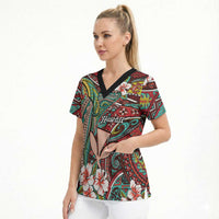 Personalised Hawaii Tribal Humpback Whale Scrub Top Ulaula Hibiscus Seamless Pattern LT9 - Polynesian Pride