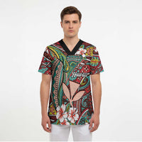 Personalised Hawaii Tribal Humpback Whale Scrub Top Ulaula Hibiscus Seamless Pattern LT9 - Polynesian Pride