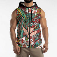 Personalised Hawaii Tribal Humpback Whale Sleeveless Zip Hoodie Ulaula Hibiscus Seamless Pattern LT9 - Polynesian Pride
