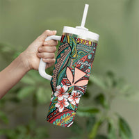 Personalised Hawaii Tribal Humpback Whale Tumbler With Handle Ulaula Hibiscus Seamless Pattern LT9 - Polynesian Pride