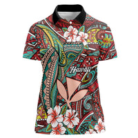 Personalised Hawaii Tribal Humpback Whale Women Polo Shirt Ulaula Hibiscus Seamless Pattern LT9 Female Red - Polynesian Pride