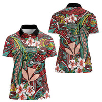 Personalised Hawaii Tribal Humpback Whale Women Polo Shirt Ulaula Hibiscus Seamless Pattern LT9 - Polynesian Pride