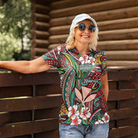 Personalised Hawaii Tribal Humpback Whale Women Polo Shirt Ulaula Hibiscus Seamless Pattern LT9 - Polynesian Pride