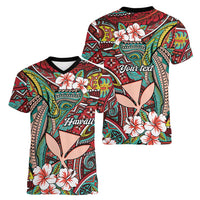 Personalised Hawaii Tribal Humpback Whale Women V-Neck T-Shirt Ulaula Hibiscus Seamless Pattern LT9 - Polynesian Pride