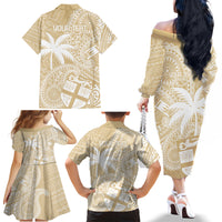 Custom Indo Fijians Family Matching Off The Shoulder Long Sleeve Dress and Hawaiian Shirt Fiji ke Hindustani Polyneisan Paisley Beige Style