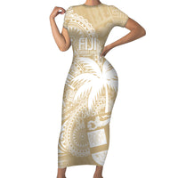 Custom Indo Fijians Short Sleeve Bodycon Dress Fiji ke Hindustani Polyneisan Paisley Beige Style
