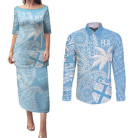 Custom Indo Fijians Couples Matching Puletasi and Long Sleeve Button Shirt Fiji ke Hindustani Polyneisan Paisley Blue Style LT9 Blue - Polynesian Pride