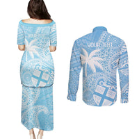 Custom Indo Fijians Couples Matching Puletasi and Long Sleeve Button Shirt Fiji ke Hindustani Polyneisan Paisley Blue Style LT9 - Polynesian Pride