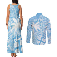 Custom Indo Fijians Couples Matching Tank Maxi Dress and Long Sleeve Button Shirt Fiji ke Hindustani Polyneisan Paisley Blue Style