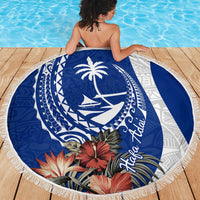 Blue Guam Hafa Adai Beach Blanket Tropical Flowers with Polynesian Pattern