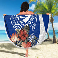 Blue Guam Hafa Adai Beach Blanket Tropical Flowers with Polynesian Pattern