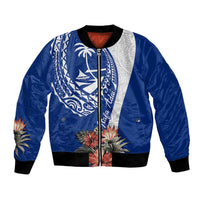 Blue Guam Hafa Adai Bomber Jacket Tropical Flowers with Polynesian Pattern