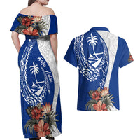 Blue Guam Hafa Adai Couples Matching Off Shoulder Maxi Dress and Hawaiian Shirt Tropical Flowers with Polynesian Pattern