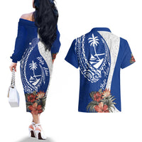 Blue Guam Hafa Adai Couples Matching Off The Shoulder Long Sleeve Dress and Hawaiian Shirt Tropical Flowers with Polynesian Pattern