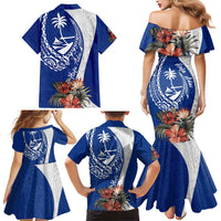 Blue Guam Hafa Adai Family Matching Mermaid Dress and Hawaiian Shirt Tropical Flowers with Polynesian Pattern