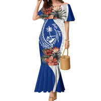 Blue Guam Hafa Adai Family Matching Mermaid Dress and Hawaiian Shirt Tropical Flowers with Polynesian Pattern
