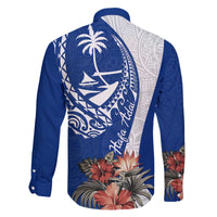 Blue Guam Hafa Adai Family Matching Off The Shoulder Long Sleeve Dress and Hawaiian Shirt Tropical Flowers with Polynesian Pattern