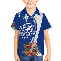 Blue Guam Hafa Adai Family Matching Off The Shoulder Long Sleeve Dress and Hawaiian Shirt Tropical Flowers with Polynesian Pattern