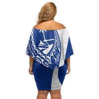 Blue Guam Hafa Adai Family Matching Off Shoulder Short Dress and Hawaiian Shirt Tropical Flowers with Polynesian Pattern