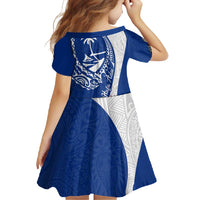 Blue Guam Hafa Adai Family Matching Short Sleeve Bodycon Dress and Hawaiian Shirt Tropical Flowers with Polynesian Pattern