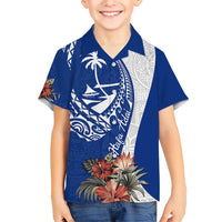 Blue Guam Hafa Adai Family Matching Short Sleeve Bodycon Dress and Hawaiian Shirt Tropical Flowers with Polynesian Pattern