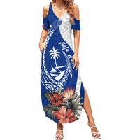 Blue Guam Hafa Adai Family Matching Summer Maxi Dress and Hawaiian Shirt Tropical Flowers with Polynesian Pattern