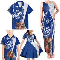Blue Guam Hafa Adai Family Matching Tank Maxi Dress and Hawaiian Shirt Tropical Flowers with Polynesian Pattern