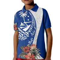 Blue Guam Hafa Adai Kid Polo Shirt Tropical Flowers with Polynesian Pattern