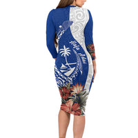 Blue Guam Hafa Adai Long Sleeve Bodycon Dress Tropical Flowers with Polynesian Pattern
