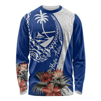 Blue Guam Hafa Adai Long Sleeve Shirt Tropical Flowers with Polynesian Pattern