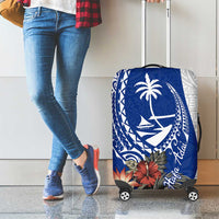 Blue Guam Hafa Adai Luggage Cover Tropical Flowers with Polynesian Pattern