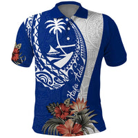 Blue Guam Hafa Adai Polo Shirt Tropical Flowers with Polynesian Pattern