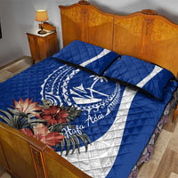 Blue Guam Hafa Adai Quilt Bed Set Tropical Flowers with Polynesian Pattern